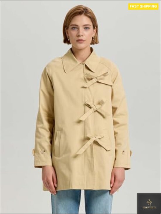 Oversized Trench Coat Classic Chic Lightweight Cotton Peacoat Bow Toggle - Picture 2 of 7